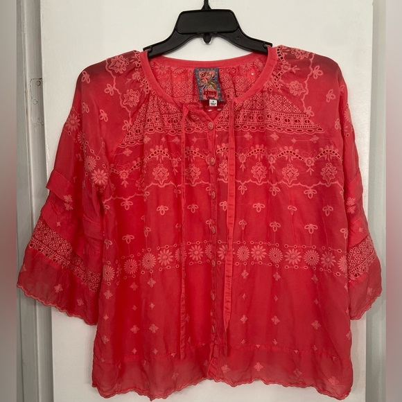 Johnny Was Tay Tie Front Embroidered Eyelet Top Pink Size Small - Picture 7 of 8